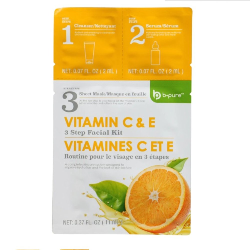 3 Step Facial Kit, Cleanser, Serum, Sheet Mask, Vitamin C & E, 0.37 oz